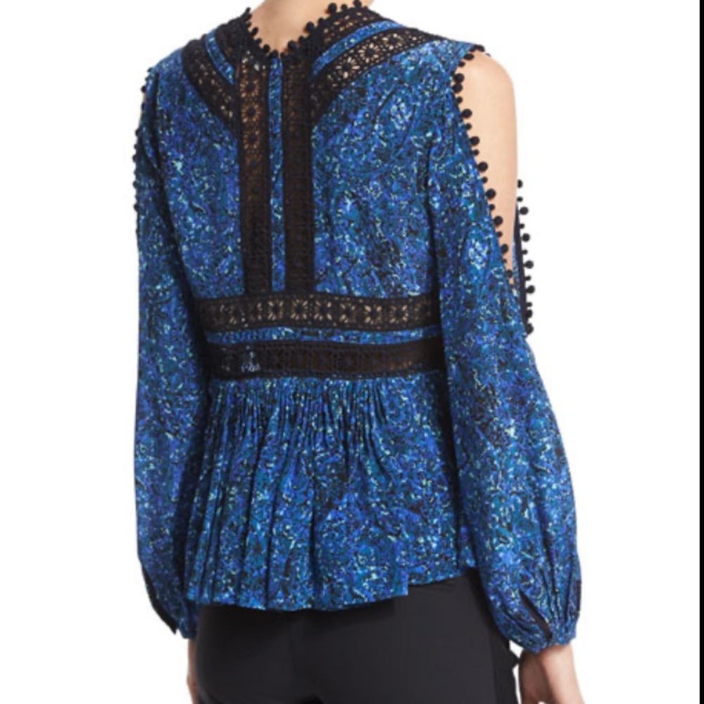Rebecca Taylor Blue Long-Sleeve Paisley Cold-Shoulder Silk Lace Blouse size 6 - Picture 2 of 10